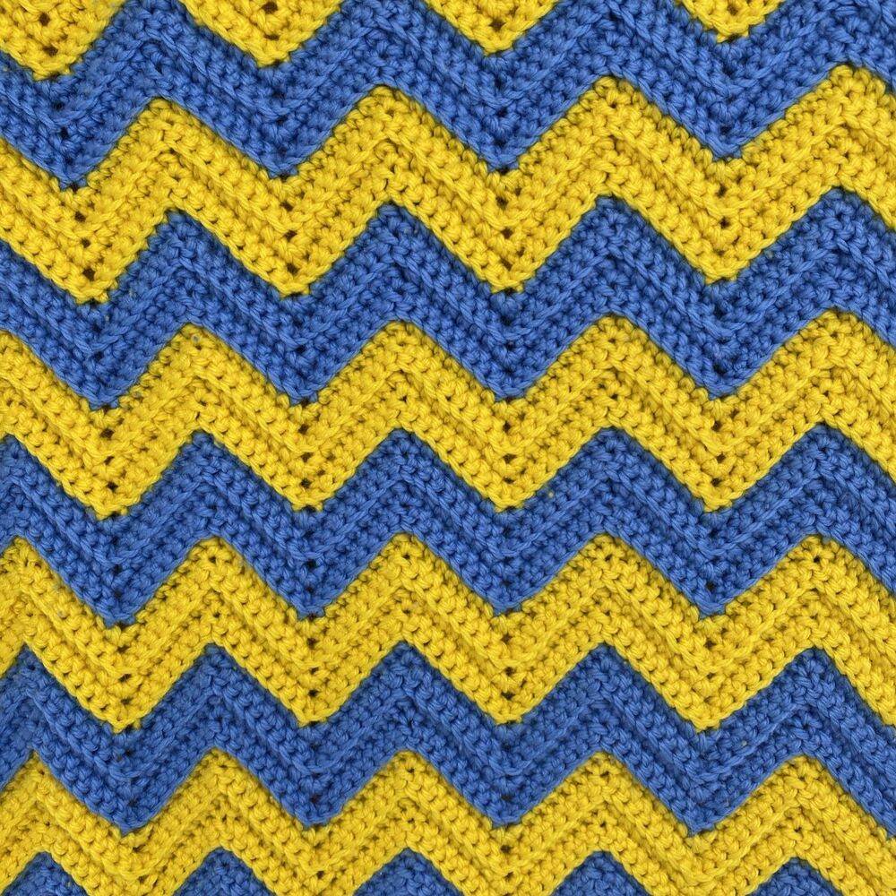 Vintage Chevron Crochet Afghan Blanket Yellow Blue Zig Zag 36x75 Throw Handmade